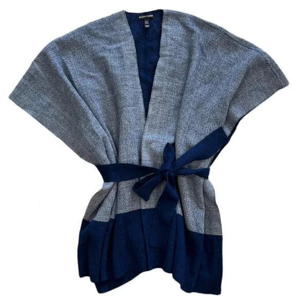 Eileen Fisher Navy Merino Wool Poncho Sweater With Sash XXS/XS - Picture 2 of 6